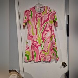 Anaclare Women's Pink & Green Cotton Blend Short Sleeve Dress With Pockets Sz M